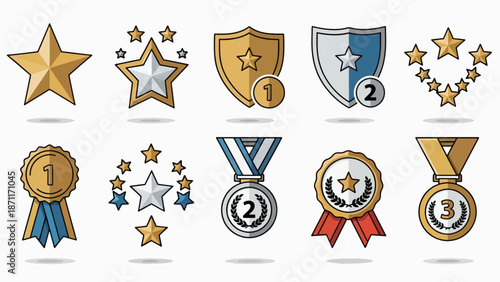 A set of vector graphic icons featuring various award symbols and medals in a flat design style