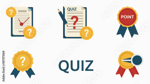 A set of colorful quiz icons and illustrations in a modern flat design style