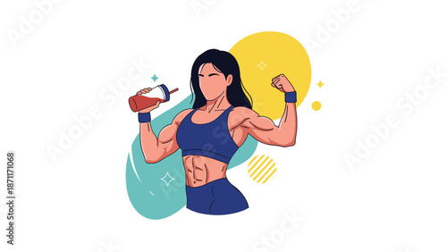 Powerful female athlete in fitness wear flexing her biceps and holding a protein shake against a vibrant background.