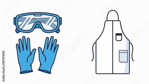 A vector graphic illustration of safety gear including gloves, goggles, and an apron