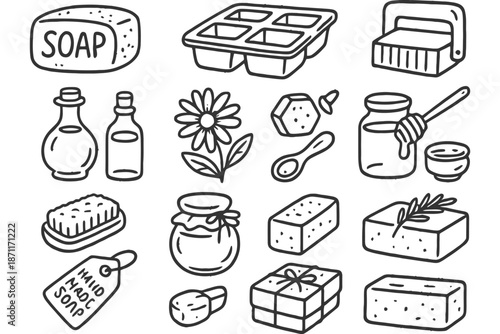 Hand-drawn icons of natural soap and skincare items.