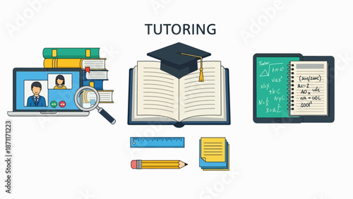 A colorful vector illustration of tutoring and education icons on a white background