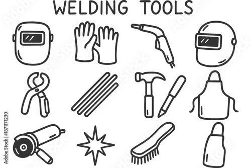 Essential welding tools: helmet, gloves, hammer, torch, grinder, apron.