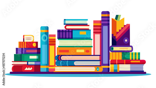 Colorful book collection on shelf vector illustration, stacked books, education theme, knowledge growth, library concept.