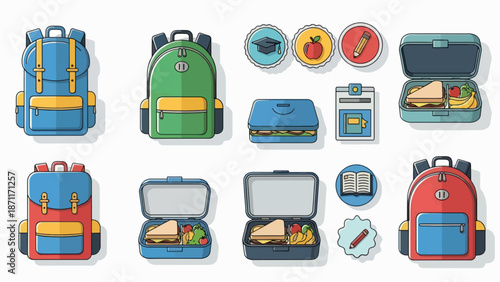 A colorful vector graphic illustration of various backpacks and school supplies in a flat design style
