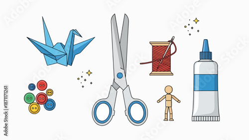 A colorful illustration of various crafting tools and supplies on a white background