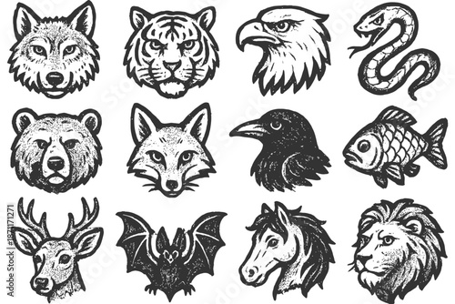 Vintage animal heads: wolf, tiger, eagle, snake, bear, fox, raven, fish, deer, bat, horse, lion.