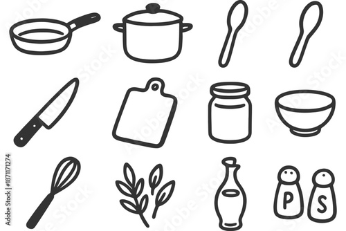 Black and white kitchen utensil icons: frying pan, pot, spoon, knife, cutting board, jar, bowl, whisk, herbs, oil, salt, pepper.