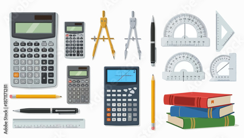 A colorful illustration of various school supplies and calculators on a white background