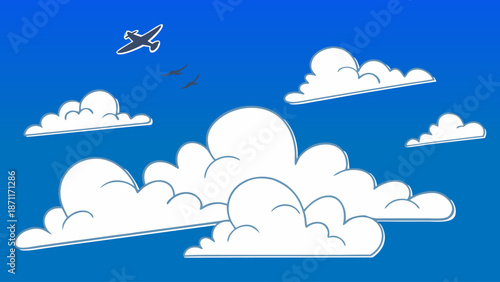 Aircraft flying through white cartoon clouds in blue sky vector illustration, birds soaring, travel and freedom concept.
