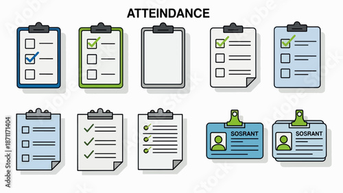 A vector graphic illustration of various attendance record clipboards and ID cards in a modern flat design style