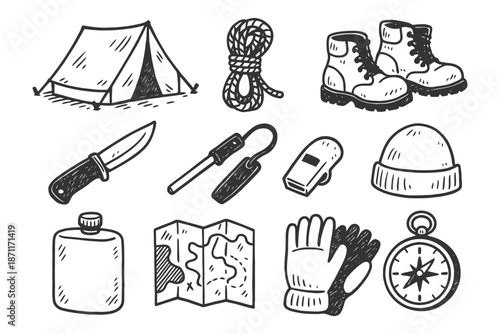 Camping equipment icons: tent, boots, compass, map, knife, rope, beanie, gloves, flask.