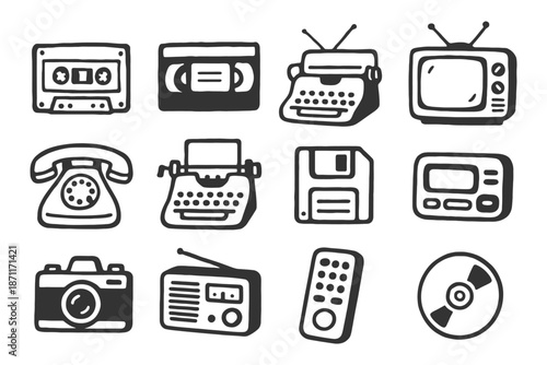 Retro technology icons: cassette, vhs, typewriter, tv, phone, floppy disk, camera, radio, remote, cd.