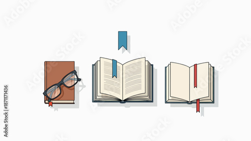 A vector graphic illustration of three open and closed books with bookmarks and glasses on a white background