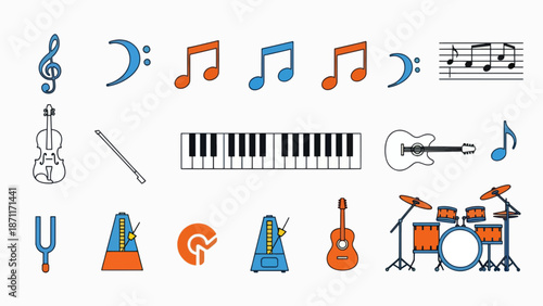 A colorful vector graphic illustration of various musical instruments and symbols