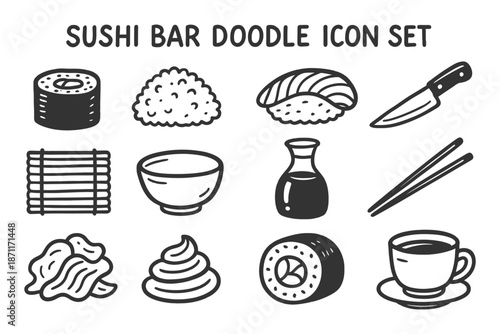 Sushi bar doodle icon set featuring nigiri, maki, and utensils in black and white.