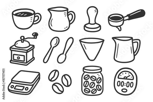 Hand-drawn coffee and barista tools illustration with cups and accessories.