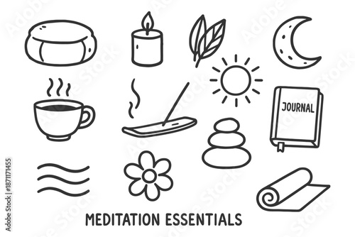 Meditation essentials: candle, incense, journal, cushion, tea, pebbles, mat, moon, nature.
