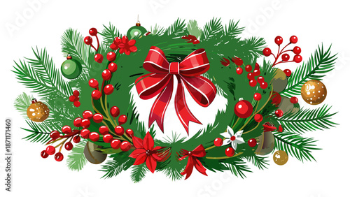 Christmas wreath with fir branches, red berries, flowers, leaves, pine cones, and festive shiny bow vector illustration.