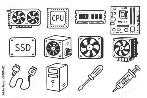 Computer hardware components: graphics card, cpu, ssd, motherboard, power supply, fans.