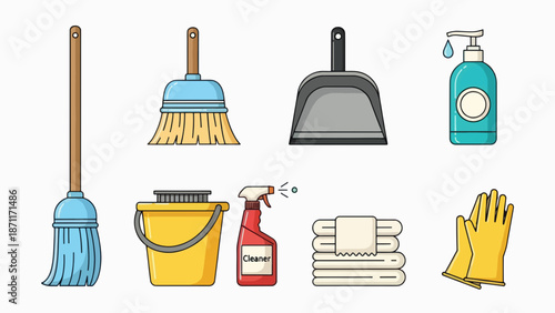 A set of colorful cleaning supplies and tools arranged neatly on a white background