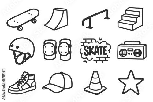 Skateboarding elements: ramp, helmet, skateboard, and sneakers.