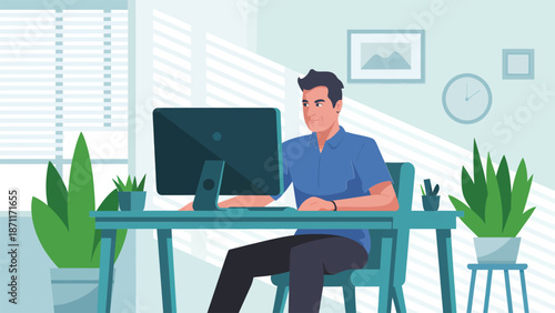 A man sits at a desk in a modern office with a computer and plants around him