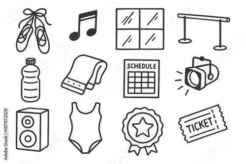 Doodle set of dance iconography featuring ballet shoes, music note, and ticket.
