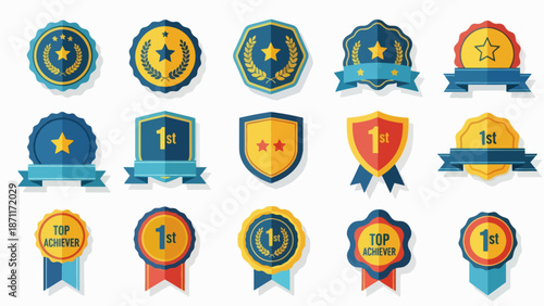 A collection of colorful award badges and ribbons in a vector graphic design