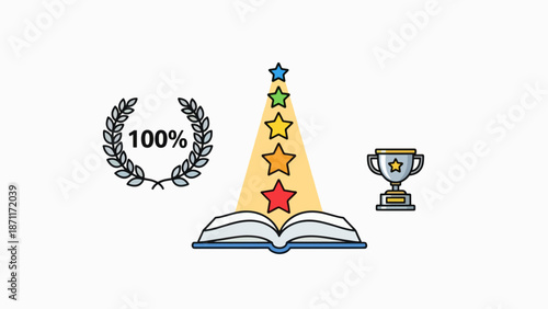 A vector graphic illustration of an open book with a starry beam and a trophy, symbolizing achievement and excellence in education.