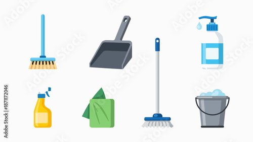 A set of colorful cleaning icons including a broom, dustpan, mop, and bucket