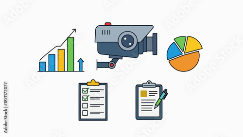 A vector graphic illustration of business analytics and security icons on a white background