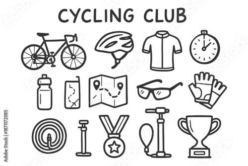 Cycling club icons: bicycle, helmet, stopwatch, jersey, gloves, map, pump, trophy, medal.