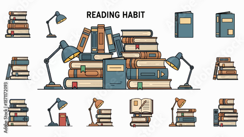 A colorful vector graphic illustration of a reading habit concept with books and lamps