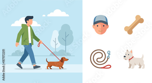 Man walking dog in park with pet care items