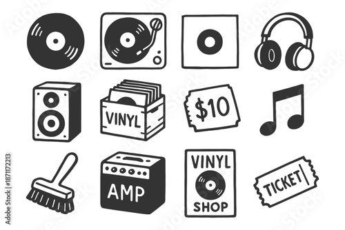 Vinyl records and music equipment icons set with headphones and speaker.