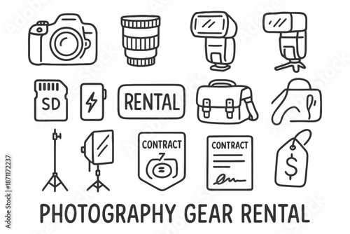 Photography gear line art: camera, lens, flash, contract symbols for rental.