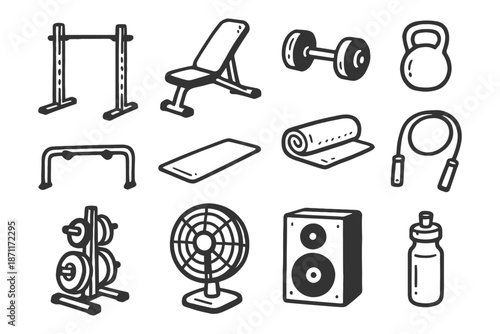 Home gym equipment icons: dumbbells, kettlebell, yoga mat, jump rope, barbell.