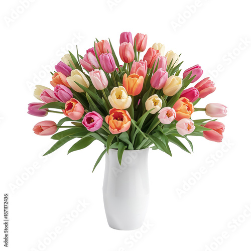 Colorful Flowers in a White Vase Arranged as a Bright Centerpiece on a Table