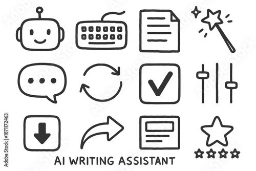 Ai writing assistant icons: chatbot, keyboard, document, magic wand, speech bubble.