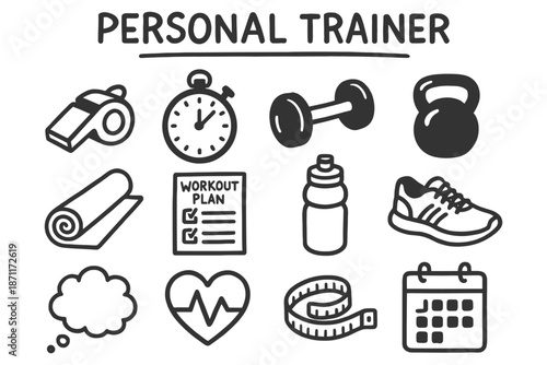Personal trainer icons: fitness equipment, workout essentials, and training tools.