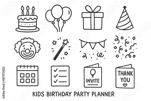 Kids birthday party icons: cake, balloons, gifts, clown, magic wand, decorations.