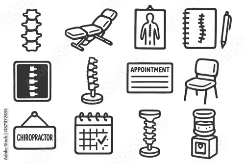 Chiropractic icons: spine, adjustment, appointment, and chiropractic tools.