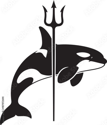 Orca Killer Whale with Trident Logo Design, Minimalist Black Silhouette Ocean Warrior Concept