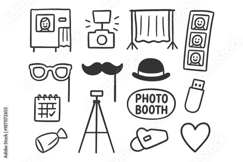 Photo booth essentials: props, camera, tripod, and curtain for fun event photography.