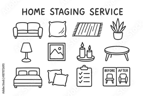 Home staging service icons: sofa, pillow, rug, plant, lamp, artwork, candles, table, bed.