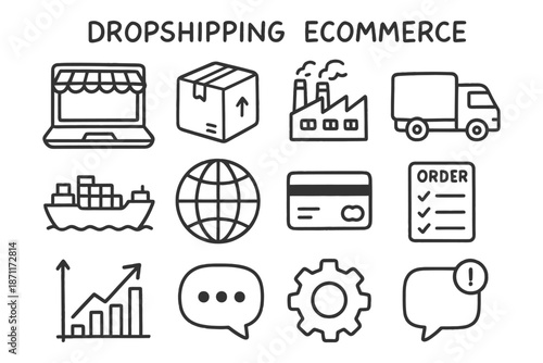 Dropshipping ecommerce concept: icons of online business and global trade elements.
