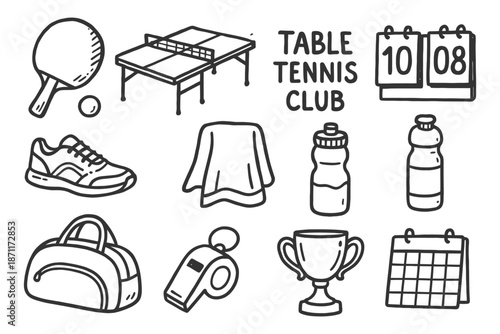 Table tennis equipment and accessories set in black and white doodle style.