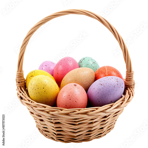 Colorful Eggs in a Woven Basket Placed on Green Grass for Spring Celebration