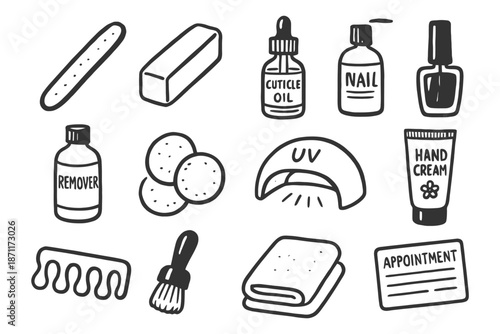 Hand-drawn nail care tools and products illustration with file, polish, and lotion.